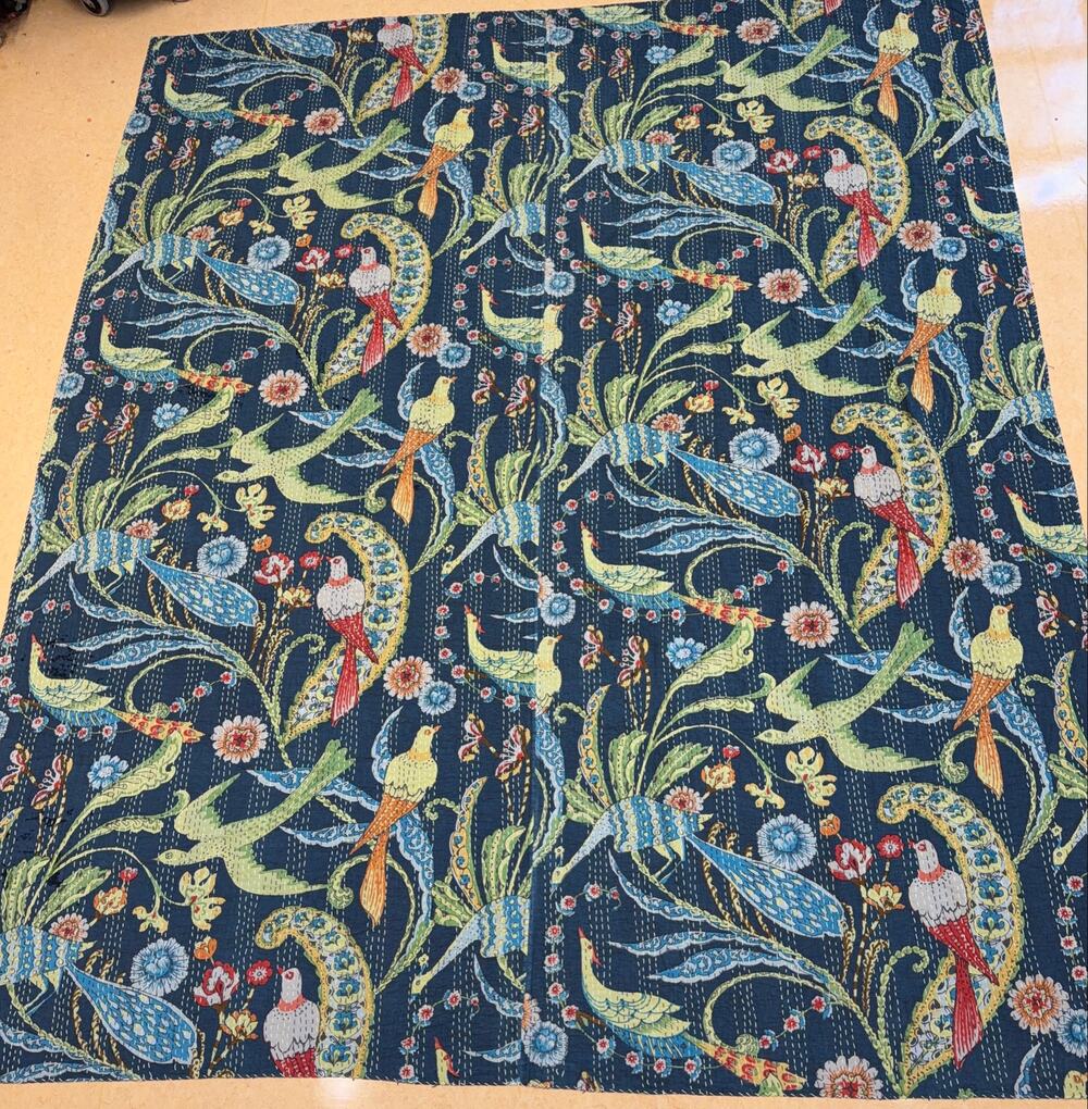 Indian Hand Stitched Kantha Quilt King Blue Botanical Bird Floral Bedspread
